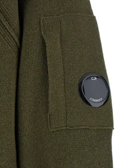 C.p. Company Men Green Turtleneck Sweater With Logo Plaque On The Sleeve In Wool Man In Green