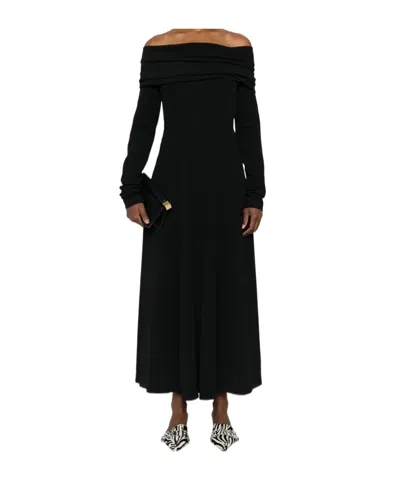 Alberta Ferretti Slightly Stretch Cady Midi Dress With Off-the-shoulder Neckline In Black