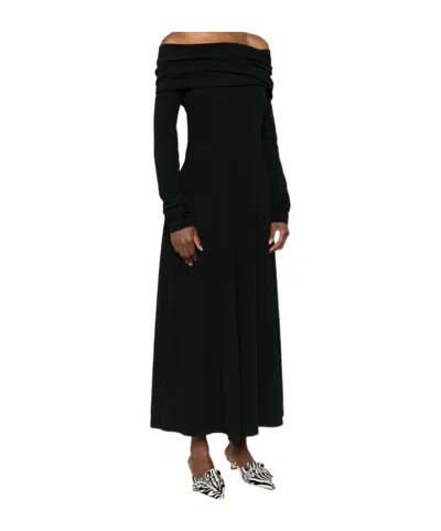 Alberta Ferretti Slightly Stretch Cady Midi Dress With Off-the-shoulder Neckline In Black