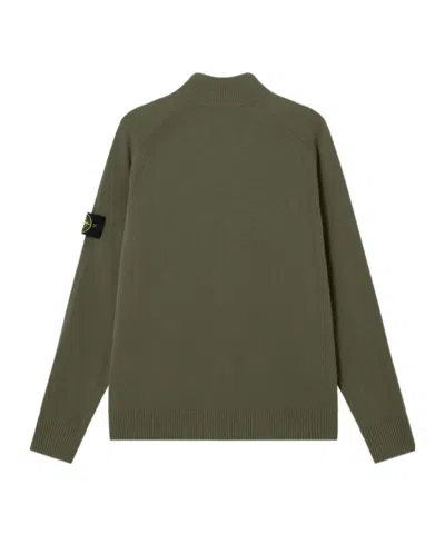 Stone Island Zipper-up Sweater With Raglan Sleeves And Ribbed Trims In Green