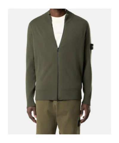 Stone Island Zipper-up Sweater With Raglan Sleeves And Ribbed Trims In Green