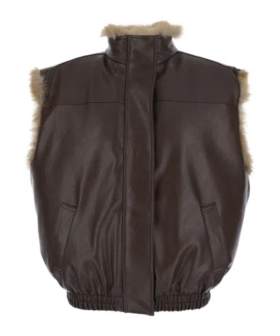 Msgm Reversible Sleeveless Jacket With Logo Patch On The Rear In Ecofur And Ecoleather Woman In Brown