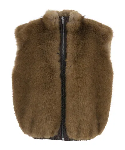 Msgm Reversible Sleeveless Jacket With Logo Patch On The Rear In Ecofur And Ecoleather Woman In Brown