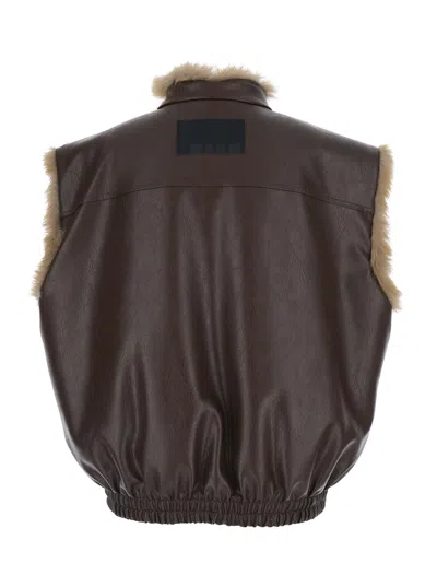 Msgm Reversible Sleeveless Jacket With Logo Patch On The Rear In Ecofur And Ecoleather Woman In Brown