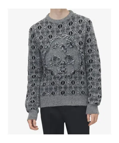 Alexander Mcqueen Men's Distressed Skull Fair Isle Jumper In Grey Melange In Gray