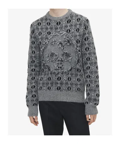 Alexander Mcqueen Men's Distressed Skull Fair Isle Jumper In Grey Melange In Gray