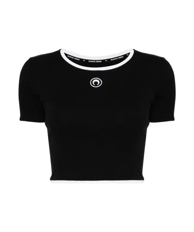 Marine Serre Ribbed Jersey Cropped Top Featuring Moon Logo In Black