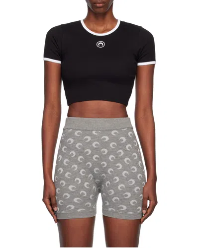 Marine Serre Ribbed Jersey Cropped Top Featuring Moon Logo In Black