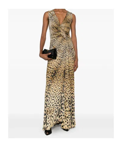 Roberto Cavalli Long Dress With Jaguar Skin Print In Brown