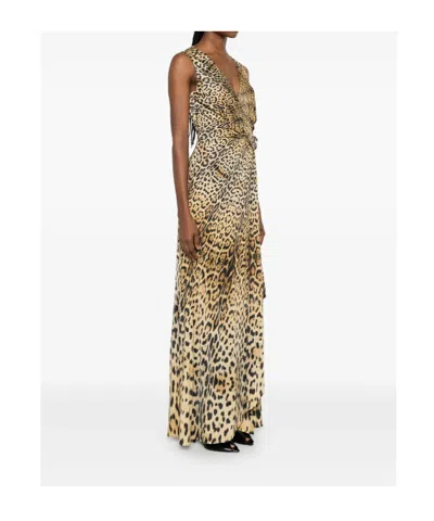 Roberto Cavalli Long Dress With Jaguar Skin Print In Brown
