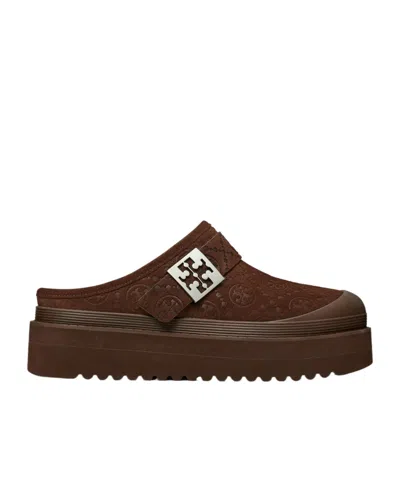 Tory Burch Mellow Shearling Platform T Monogram Mules In Brown