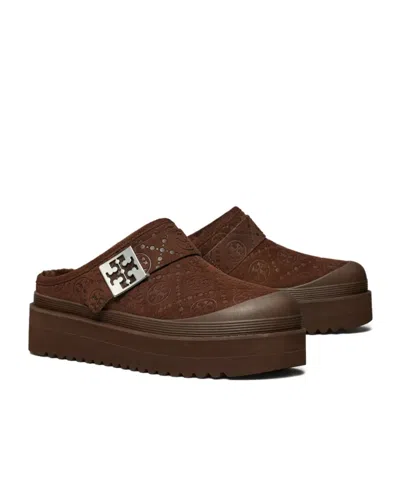 Tory Burch Mellow Shearling Platform T Monogram Mules In Brown