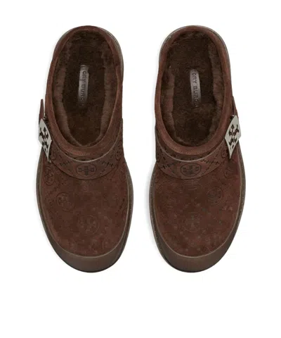 Tory Burch Mellow Shearling Platform T Monogram Mules In Brown