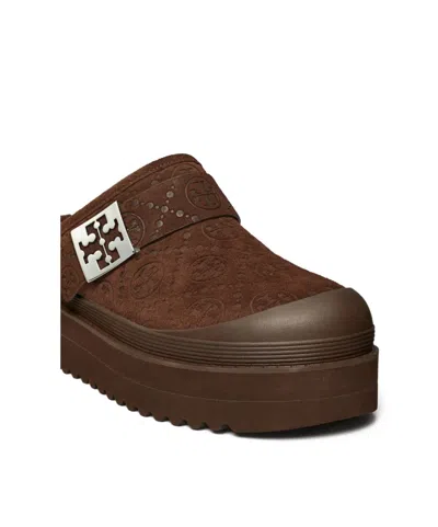 Tory Burch Mellow Shearling Platform T Monogram Mules In Brown