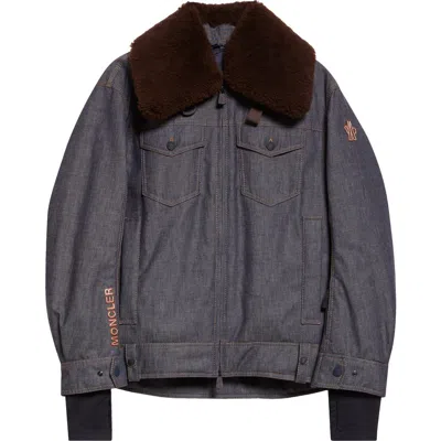 Moncler Grenoble Yunque Denim Down Trucker Jacket With Genuine Shearling Collar In Gray