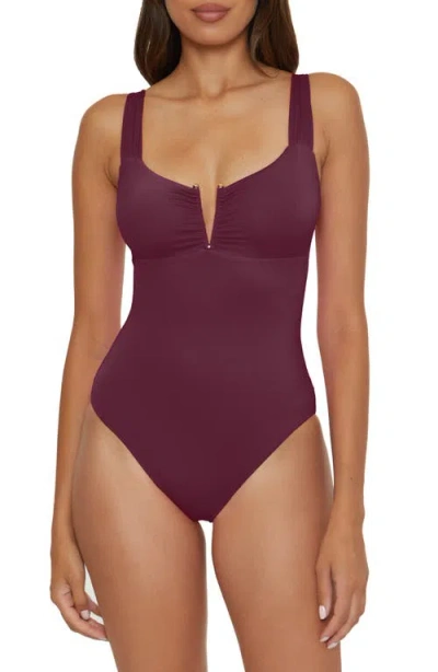 Becca Shirred V-wire One-piece Swimsuit In Burgundy