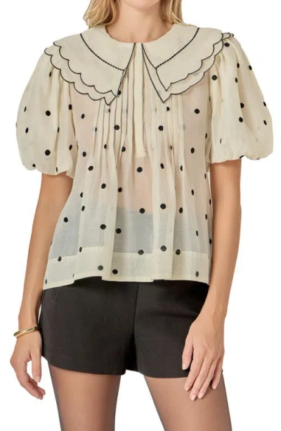 English Factory Scallop Dot Sheer Puff Sleeve Top In White