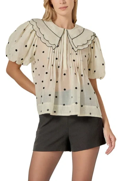 English Factory Scallop Dot Sheer Puff Sleeve Top In White