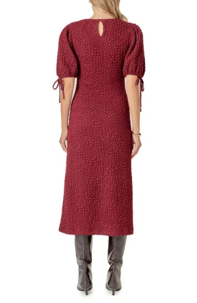 English Factory Textured Puff Sleeve Midi Dress In Burgundy