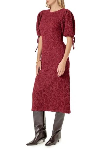 English Factory Textured Puff Sleeve Midi Dress In Burgundy