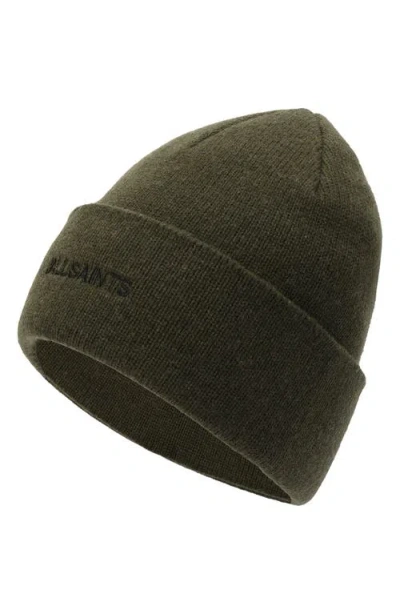 Allsaints Underground Embroidered Logo Beanie In Green