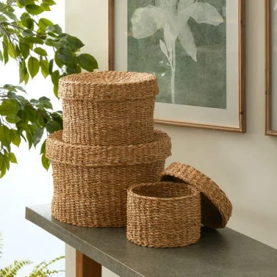 Napa Home & Garden Seagrass Round Lidded Baskets Set Of 3 In Brown