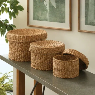 Napa Home & Garden Seagrass Round Lidded Baskets Set Of 3 In Brown
