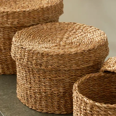 Napa Home & Garden Seagrass Round Lidded Baskets Set Of 3 In Brown