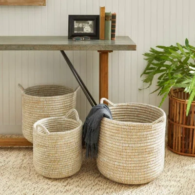 Napa Home & Garden Rivergrass Round Baskets With Handles Set Of 3 In Nude