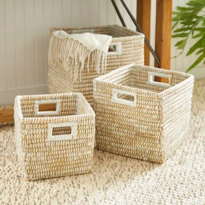 Napa Home & Garden Rivergrass Square Baskets With Handles Set Of 3 In White