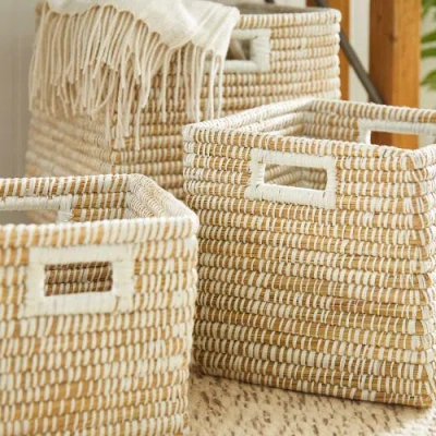 Napa Home & Garden Rivergrass Square Baskets With Handles Set Of 3 In White