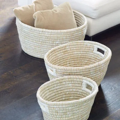 Napa Home & Garden Rivergrass Oval Baskets With Handles Set Of 3 In White