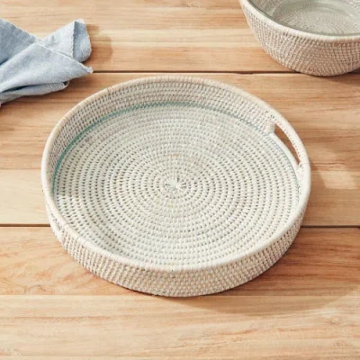 Napa Home & Garden 12.75"  Burma Rattan Whitewash Round Natural Woven Wicker Serving Tray In Nude