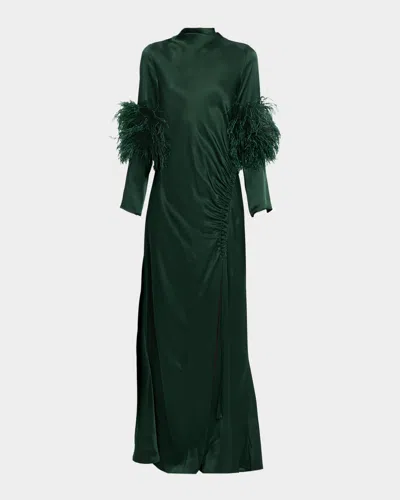 Lapointe Feather-trim Long-sleeve Satin Maxi Dress In Green