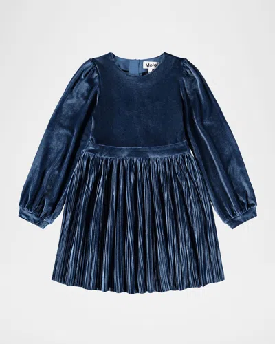 Molo Girl's Cyrilli Pleated Velour Dress In Blue