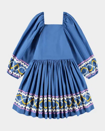 Molo Girl's Ciris Puff-sleeve Organic Cotton Dress In Blue