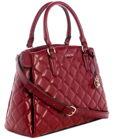 Guess Tinsley Medium Quilted Three Compartment Satchel In Burgundy