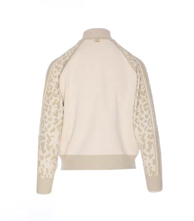 Liu •jo Liu Jo High Collar Zip-up Sweater With Subtle Leopard Print Detail In Neutral