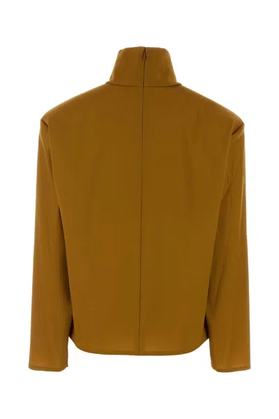 Saint Laurent Stretch Silk Blend Turtleneck Long Sleeve Top In Brown