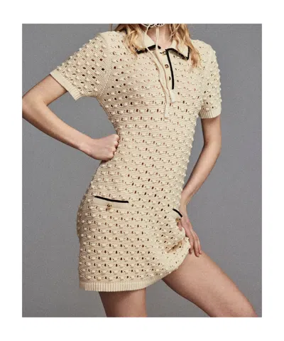 Frame The Bauble Piped Open-knit Cotton Mini Dress In Neutral