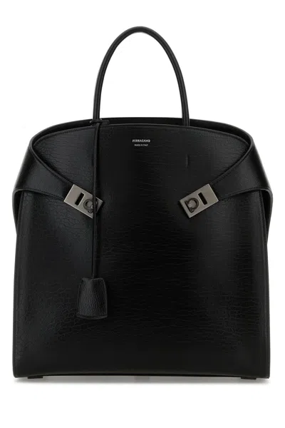 Ferragamo Structured Leather Shopping Bag With Top Handle In Black