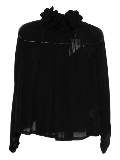 Zimmermann Sheer Black Long-sleeved Top With Ruffled Neckline In Black