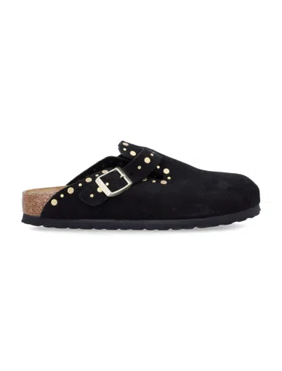 Birkenstock Boston Rivet Border Black Suede Leather Clogs In Black
