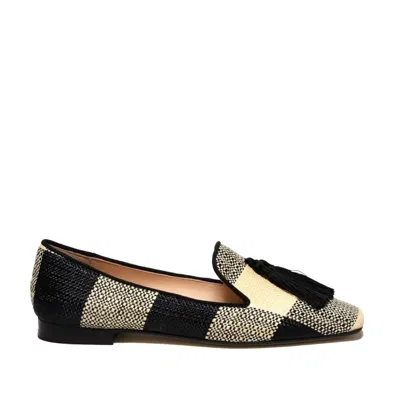 Prosperine Ivory Black Checkered Raffia Slipper With Silk Tassels In Black