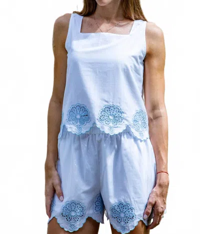 Islapayal Porto Sleeveless Top In White Embroidery In Blue