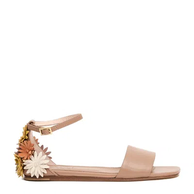 Agl Attilio Giusti Leombruni Low Leather Sandals With Floral Appliqués In Neutral