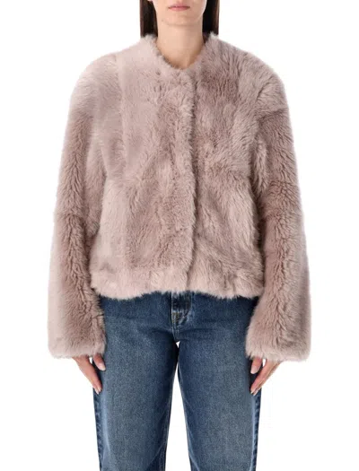 Stand Studio Cropped Faux Fur Jacket With Boxy Silhouette In Pink