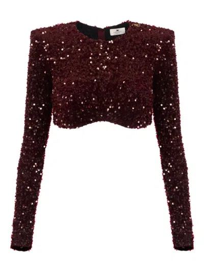 Elisabetta Franchi Cropped Long-sleeved Top With Scalloped Hem In Burgundy