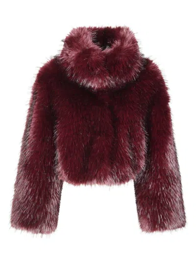 Rotate Birger Christensen Bordeaux Cropped Fur Jacket With Concealed Front Closure In Faux-fur Woman In Burgundy