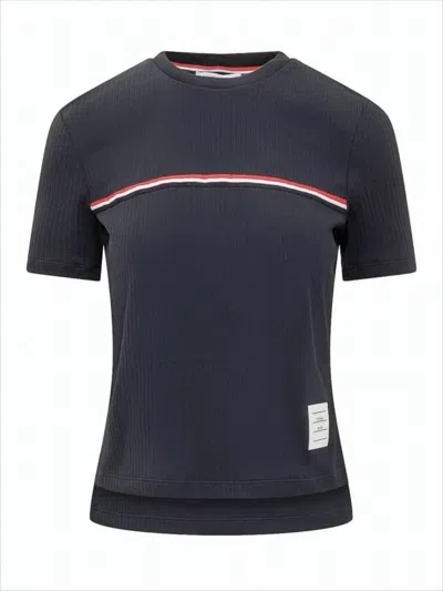 Thom Browne Ribbed Knit Short-sleeved Top With Tricolor Accent In Black